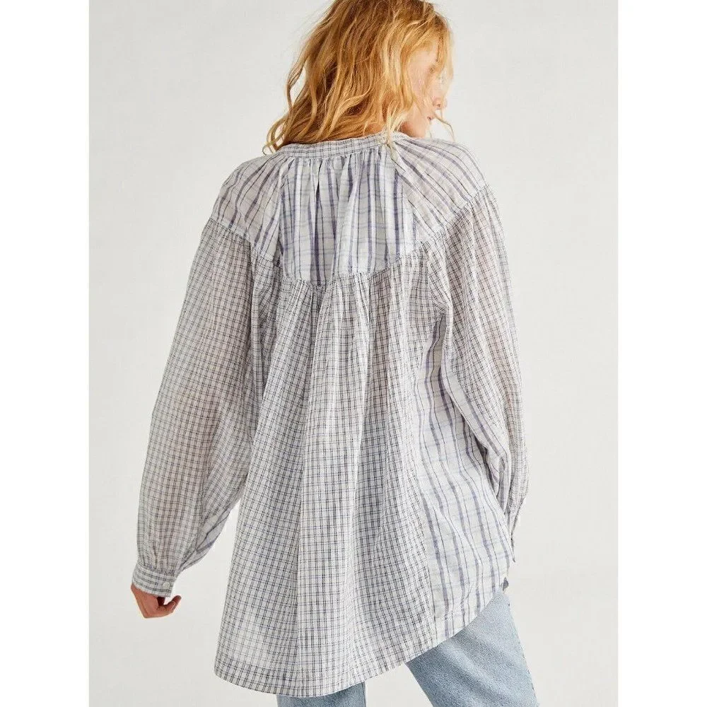 NEW FREE PEOPLE Sz L HOMESPUN PLAID BUTTON DOWN TUNIC TOP IN WHITE COMBO